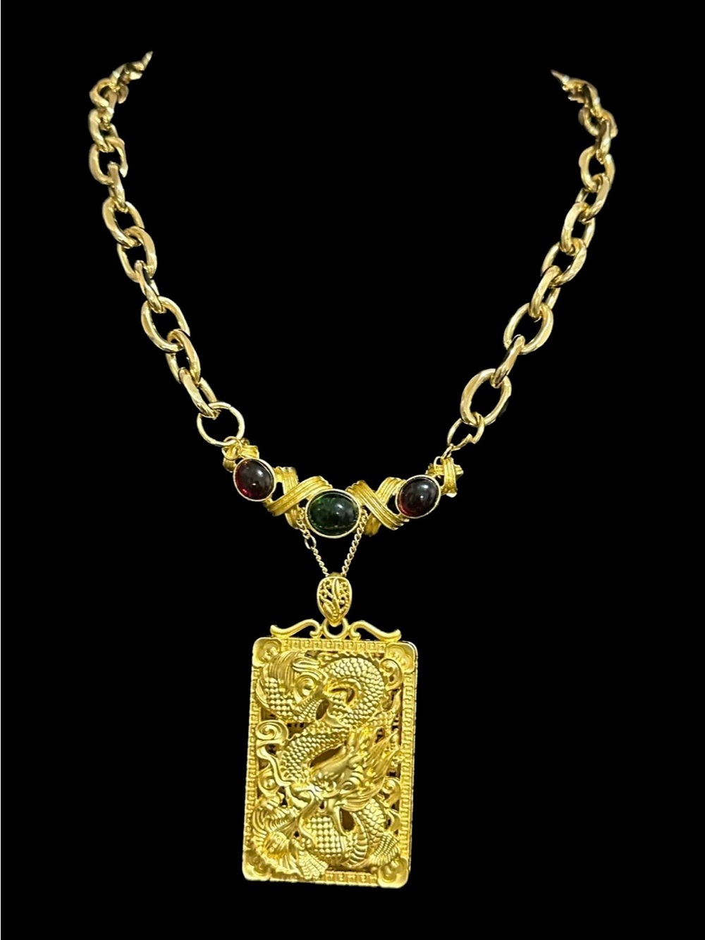 Gold Dragon Pendant Necklace with Green and Red Gem Accents